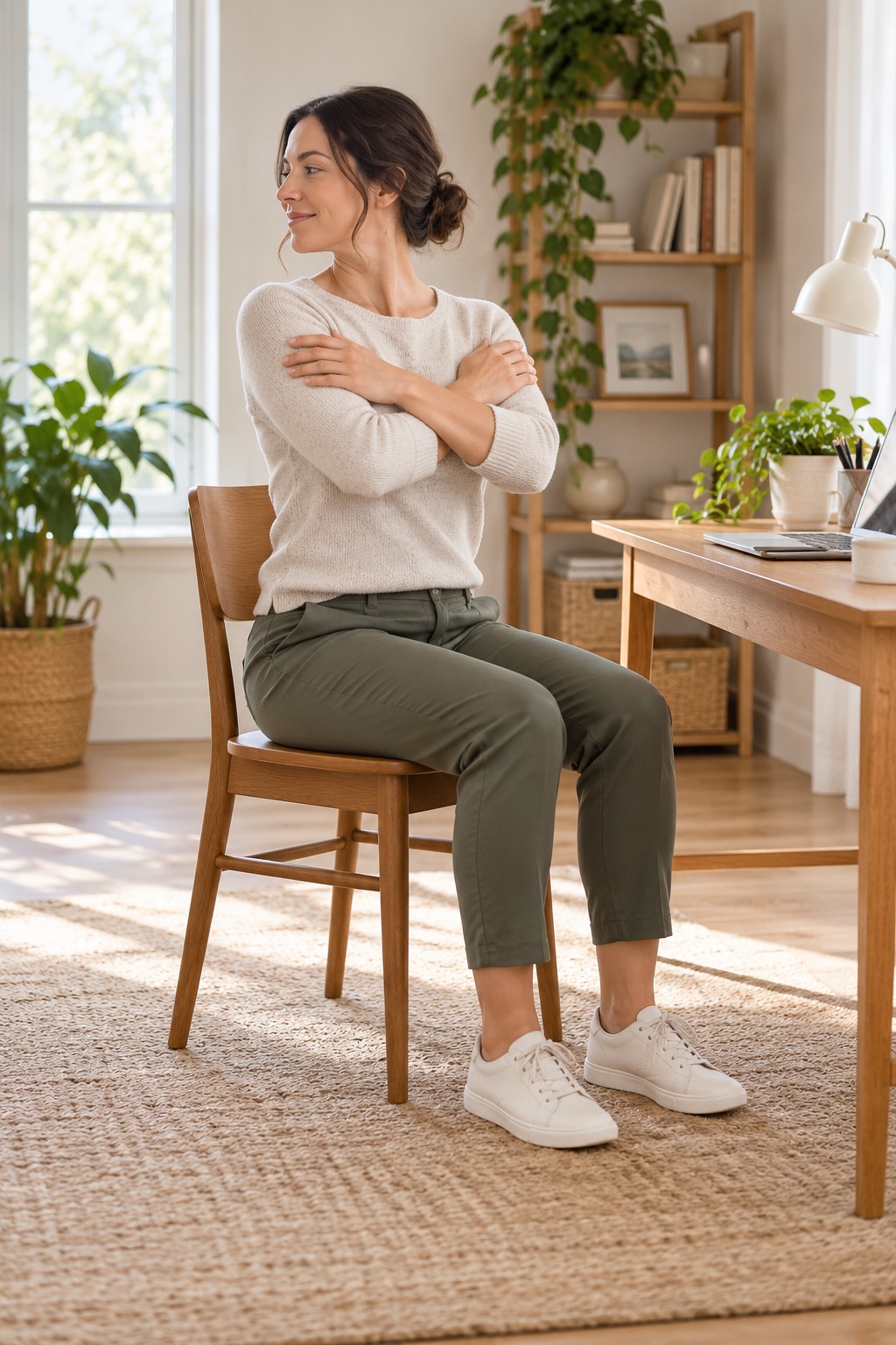 Pause de mobilité au bureau — illustration générée par IA, sans valeur de démonstration technique.